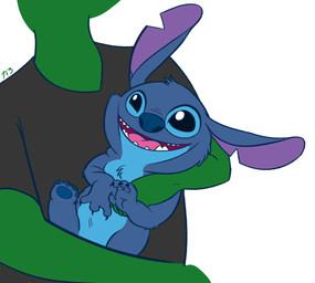 4_fingers 4_toes ambiguous_gender anthro black_clothing black_eyes black_shirt black_topwear blue_body blue_fur blue_nose carrying_another chest_tuft clothing duo face_squish feet fingers fur green_body green_skin happy head_tuft looking_at_another looking_up male notched_ear open_mouth open_smile semi-anthro shirt simple_background smile squish t-shirt toes topwear tuft white_background 713_(artist) disney lilo_and_stitch anon stitch_(lilo_and_stitch) alien experiment_(lilo_and_stitch) digital_drawing_(artwork) digital_media_(artwork) flat_colors signature