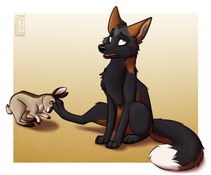 black_body black_fur border female feral fur gradient_background orange_body orange_fur outside_border paw_in_face simple_background tan_background remywolf zoe_(ralenfox) canid canine cross_fox fox lagomorph leporid mammal rabbit red_fox true_fox