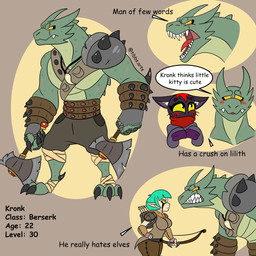anthro armor axe berserker blush bottomwear clothing duo female green_body male pants text tibbs domestic_cat elf felid feline felis kobold mammal scalie 1:1 english_text hi_res model_sheet