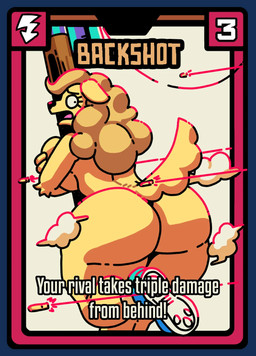 anthro big_breasts big_butt black_eyes blue_clothing blue_footwear blue_shoes border breasts brown_hair bullet butt card_template clothing covering covering_breasts crossed_arms female footwear footwear_only fur gun hair hand_on_breast holding_gun holding_object holding_ranged_weapon holding_weapon mostly_nude motion_lines nude offscreen_character ranged_weapon rear_view running shoes shoes_only simple_background solo style_emulation text thick_thighs weapon white_background white_border white_clothing white_footwear white_shoes yellow_body yellow_fur latchk3y friends_vs_friends amelia_steelheart canid canine canis domestic_dog mammal 2023 english_text