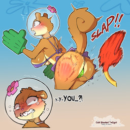 angry angry_tears anthro big_breasts big_butt biped bodily_fluids bottomwear breasts brown_body butt butt_slap camel_toe closed_frown clothed clothing cross-popping_vein crying dialogue disembodied_hand drooling eyelashes female floppy_ears frown fur genital_fluids looking_at_viewer looking_back looking_back_at_viewer mouth_closed nipple_outline offscreen_character open_mouth pupils saliva saliva_string simple_background slap slap_(sound_effect) slap_mark surprise_face surprised tears tears_of_angry tears_of_pain tears_of_rage text thick_thighs topwear under_boob vaginal_fluids wide_hips cold-blooded-twilight nickelodeon spongebob_squarepants sandy_cheeks mammal rodent sciurid tree_squirrel 1:1 hi_res