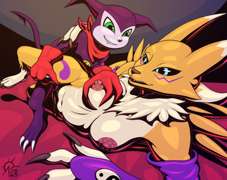 anthro areola black_sclera blue_eyes breast_grab breasts claws clothing duo female fur genitals glistening glistening_areola glistening_breasts glistening_nipples gloves green_eyes hand_on_breast handwear leg_glider_position male markings montgomery_glands navel nipples nude purple_body raised_leg scarf sex size_difference sleeves vulva white_body white_fur yellow_body yellow_fur sacrificabominat bandai_namco digimon canid canine digimon_(species) fox imp impmon mammal renamon absurd_res hi_res