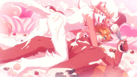 all_fours anthro areola biped black_nose blue_eyes breasts brown_hair cake candy chocolate claws dairy_products dessert duo eyebrows female female/female food food_fetish food_play fur genitals gloves_(marking) hair heart_symbol highlights_(coloring) holding_object humanoid_genitalia humanoid_vulva long_hair looking_at_another looking_at_partner lying markings nipples nude on_back open_mouth open_smile pawpads pink_nose pupils red_body red_fur red_highlights red_markings short_hair small_breasts smile teeth toe_claws tongue unusual_pupils vulva whipped_cream white_body white_fur white_hair sunnynoga pon_(myaoduixa) suno_(myaoduixa) ailurid domestic_ferret mammal mustelid musteline red_panda true_musteline weasel 16:9 2026 hi_res widescreen