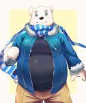 anthro belly blush bottomwear clothing fur humanoid_hands male overweight overweight_anthro overweight_male pants scarf solo white_body white_fur ama_imakuma utau shirane_kan bear mammal polar_bear ursine 2018 hi_res