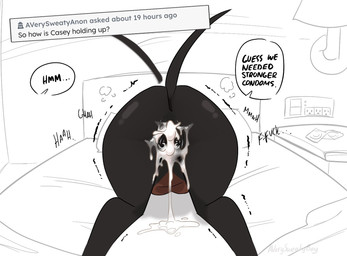 after_sex anthro anus ass_up bed bodily_fluids broken_condom butt condom cum cum_from_vagina cum_in_vagina cum_inside dialogue female furniture genital_fluids genitals on_bed rear_view sexual_barrier_device solo speech_bubble tail tail_motion tailwag text vulva averysweatyboy casey_(averysweatyboy) canid canine canis dobermann domestic_dog mammal pinscher 2023 digital_drawing_(artwork) digital_media_(artwork) english_text