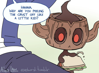 ambiguous_gender bedding black_body blanket clothed clothing crust duo eating feral food hat headgear headwear male outside picky picnic red_eyes sandwich_(food) size_difference text tree_stump alex_law nintendo pokemon calem_(pokemon) generation_6_pokemon ghost human mammal phantump pokemon_(species) spirit english_text signature