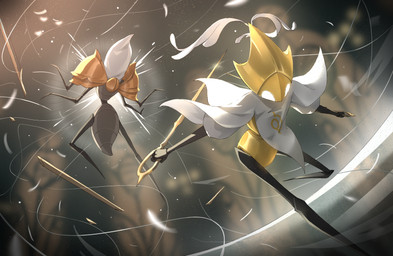 ambiguous_gender anthro attack biped clothing duo empty_eyes fingers holding_melee_weapon holding_object holding_weapon machine melee_weapon thread weapon white_clothing white_eyes yellow_body hsyenemy hollow_knight:_silksong hollow_knight_(franchise) team_cherry second_sentinel arthropod reed_(hollow_knight:_silksong) robot hi_res