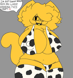 animal_print animal_print_bikini big_breasts bikini bleistift bored breasts clothing collar cow_print cow_print_bikini eyewear female glasses huge_breasts nipple_outline pattern_bikini pattern_clothing pattern_swimwear solo speech_bubble swimwear two-piece_swimsuit wearing_glasses yellow_body bleistift_566 domestic_cat felid feline felis mammal