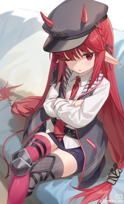 accessory bottomwear clothing collared_shirt crossed_arms dress_shirt female furgonomics hair hat headgear headwear horn humanoid_pointy_ears legwear long_hair necktie not_furry one_eye_closed pointy_ears red_hair shirt skirt solo tail thigh_highs topwear young young_female young_humanoid cloneko_(zelmeledf2) arknights hypergryph studio_montagne vigna_(arknights) demon humanoid 2024 absurd_res hi_res