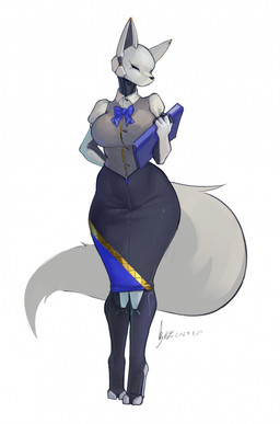 anthro bottomwear bow_ribbon breasts clothing collared_shirt female fluffy fluffy_tail fur hand_behind_back hobble_skirt holding_object machine shirt simple_background skirt solo tail tight_clothing topwear white_background white_body white_fur wide_hips shanher jade_(shanher) canid canine fox mammal robot robot_anthro 2024 dated hi_res