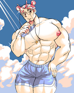 abs areola barazoku barbell_piercing big_muscles big_nipples big_pecs blue_bottomwear blue_clothing blue_shorts blue_sky bottle bottomwear clothed clothing cloud container cross cross_necklace day deltoids detailed_background hair hand_on_hip hand_on_own_hip holding_bottle holding_container holding_object holding_water_bottle huge_pecs jewelry male muscular muscular_humanoid muscular_male necklace nipple_piercing nipples pecs piercing pink_hair pink_nipples serratus shorts sky solo topless topless_male trapezius v-cut water_bottle bara_moe_bitch animal_humanoid bear humanoid mammal mammal_humanoid ursid_humanoid absurd_res digital_media_(artwork) hi_res pixel_(artwork) portrait three-quarter_portrait