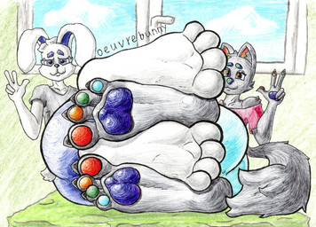 4_toes 5_fingers anthro arm_tuft ballpoint barefoot bed bedroom blue_bottomwear blue_clothing blue_eyebrows blue_eyes blue_nose blue_shorts bottomwear cheek_tuft claws clothed clothing detailed_background duo eyebrows facial_tuft feet femboy finger_claws fingers foot_fetish foot_focus front_view furniture grey_body grey_clothing grey_shirt grey_topwear humanoid_feet inner_ear_fluff inside looking_at_viewer lying lying_on_bed male male/male multicolored_body multicolored_eyebrows multicolored_eyes multicolored_pawpads on_bed on_side pawpads pink_clothing pink_shirt pink_topwear plantigrade rainbow_body rainbow_eyebrows rainbow_eyes rainbow_nose rainbow_pawpads rear_view scut_tail shirt short_tail shorts shoulder_tuft smile soles t-shirt tail toe_claws toes toony topwear tuft white_body oeuvrebunny canid canine canis lagomorph mammal wolf 2026 better_version_at_source colored_pencil_(artwork) graphite_(artwork) hi_res traditional_media_(artwork)