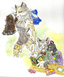 anthro book breasts candy clothed clothing dessert duo_focus ear_piercing fangs female food fur group piercing teeth tongue tongue_out yellow_eyes kyokyota extinct felid feline leopard mammal pantherine prehistoric_species saber-toothed_tiger tiger 2017 absurd_res hi_res painting_(artwork) traditional_media_(artwork) watercolor_(artwork)