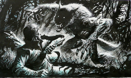 angry anthro attack claws clothed clothing detailed_background duo fangs fight forest knife male no_pupils open_mouth plant pose standing teeth torn_clothing tree vein greg_staples mythology canid canine human mammal mythological_canine mythological_creature werecanid werecanine werecreature werewolf monochrome traditional_media_(artwork)