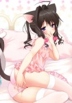 accessory ahoge bed black_hair blue_eyes blush bodily_fluids cat_tail clothing female fingering fingering_self furniture genital_fluids genitals hair hair_accessory hair_bobbles legwear looking_at_viewer masturbation nipples panties pillow pink_clothing pink_panties pink_underwear pussy solo thigh_highs translucent translucent_clothing underwear vaginal vaginal_fluids vaginal_masturbation white_clothing white_legwear piyodera_mucha animal_humanoid cat_humanoid felid felid_humanoid feline feline_humanoid humanoid mammal mammal_humanoid