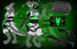 anthro armor assault_rifle belly_vest biped black_hand black_hands body_hair breastplate c.a.m. chest_fur chest_hair chest_tuft clothing cybernetic_arm cybernetic_hand cybernetic_limb cybernetics digitigrade dog_tags dutch_angle f.e.w. fingers fluffy fluffy_ears fluffy_hair fluffy_neck_fur fluffy_tail fur glowing glowing_body glowing_eyes green_body green_eyes grey_body grey_fur grey_hair gun hair handgun machine male metal metallic_body military neck_tuft patch_(fabric) prosthetic prosthetic_arm prosthetic_hand prosthetic_limb protogen_armor protogen_face protogen_visor protogenized ranged_weapon revolver rifle robotic robotic_arm robotic_hand robotic_limb screen screen_face simple_background smile soldier solo special_forces tail tail_tuft topwear tuft vest warrior weapon xm8 kradee heckler_and_koch yuri_chacal canid canine canis jackal mammal protogen absurd_res digital_drawing_(artwork) digital_media_(artwork) hi_res model_sheet