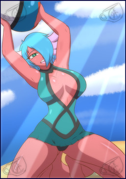 anthro ball beach blue_border border breasts clothing female female_anthro freckled_breasts freckled_legs freckled_shoulders freckled_thighs freckles glistening glistening_breasts glistening_thighs hair hair_over_eye humanoid_face non-mammal_breasts pose smile solo swimwear thick_thighs wide_hips pok-zone fan_character amphibian aquatic axolotl mole_salamander salamander hi_res