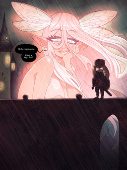 ambiguous_gender big_ears breasts brown_hair clothed clothed_humanoid clothing dialogue duo extreme_size_difference female glowing glowing_body greeting hair head_wings holding_object holding_shield humanoid_pointy_ears insect_wings larger_humanoid lips long_hair night not_furry notched_ear nude nude_humanoid outside pink_hair pointy_ears raining shield size_difference smaller_humanoid speech_bubble text thick_lips unusual_wing_placement wings rapscallion fairy goblin humanoid 2024 english_text hi_res