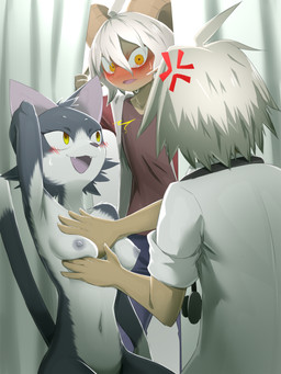 anthro areola blush blush_lines bodily_fluids breast_squeeze breasts clothing countershade_face countershade_torso countershading cross-popping_vein curtains dipstick_tail examination fangs female group hair jacket male markings medical_instrument multicolored_body nipples pointy_ears scientific_instrument squeezing stethoscope stiff_tail sweat sweatdrop tail tail_markings teeth topwear trio two_tone_body white_hair yellow_eyes kalk427 bovid caprine domestic_cat felid feline felis mammal sheep unknown_species hi_res
