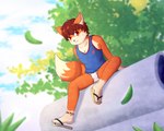 anthro briefs bulge clothed clothing exposed_underwear kemono male shirt solo tank_top topwear underwear young young_anthro young_male luce_bontemps underoos ikeda canid canine fox mammal hi_res