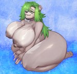 5_toes anthro areola big_areola big_breasts big_butt bone_collar_tag breasts butt collar collar_tag feet female female_anthro fingers fur green_eyes green_hair grey_areola grey_body grey_nipples grin hair hair_over_eye huge_breasts huge_butt huge_hips huge_thighs kneeling long_hair multicolored_body multicolored_fur nipples smile solo thick_thighs toes two_tone_body two_tone_fur wide_hips verrottet_tier yan_(charliecorvinus) bear mammal absurd_res digital_media_(artwork) full-length_portrait hi_res portrait