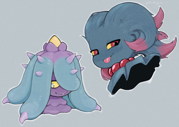 ambiguous_feral ambiguous_gender blue_body blue_eyes duo feral floating glistening glistening_eyes looking_aside looking_back mouth_closed pink_body pink_tongue pupils purple_body purple_spikes red_eyes sharp_teeth teeth tongue tongue_out yellow_pupils yellow_sclera plinkgrn nintendo pokemon aquatic echinoderm generation_2_pokemon generation_7_pokemon mareanie misdreavus pokemon_(species) spirit 2026 hi_res signature