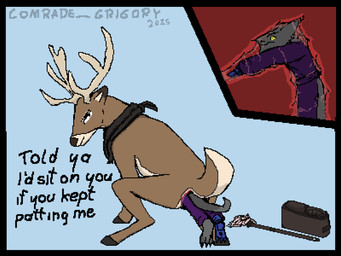 anal anal_vore anthro bodily_fluids duo feral feral_pred janitor male male/male midnightdeer prosthetic prosthetic_limb simple_background teasing text vore comrade_grigory space_station_13 deer mammal sergal 4:3 digital_media_(artwork) hi_res pixel_(artwork) shaded