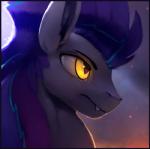 amber_eyes blinking blue_hair eyebrows fangs feral fire hair male pupils semi-anthro slit_pupils solo teeth rodrigues404 hasbro my_little_pony fan_character bat_pony equid mammal 2017 animated low_res portrait short_playtime