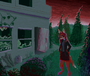 anthro bottomwear building clothing detailed_background female fur grass hair hand_in_pocket house outside plant pockets red_body red_bottomwear red_clothing red_fur red_hair red_skirt red_sky skirt sky solo tree demensa canid canine fox mammal red_fox true_fox 2020 digital_media_(artwork) pixel_(artwork)