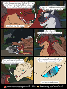 4_fingers 5_panel_comic anthro barefoot black_horn black_stripes blue_eyes bottomwear box brown_hair close-up clothed clothing container debris destroyed_building dialogue dust_cloud eye_contact feet feral fingers fluffy fluffy_tail forest fur furaffinity_logo green_bottomwear green_clothing green_eyes green_shorts greeting grey_body grey_fur group hair hand_on_head hand_on_shoulder horn kneeling larger_feral loincloth looking_at_another male name_in_dialogue night open_mouth outside overbite page_number patreon_logo plant pupils red_body red_eyes red_fur reflection_in_eyes river scales shadow shorts size_difference sky slit_pupils smaller_anthro speech_bubble standing star starry_sky stripes tail tan_body tan_fur text topless tree trio yellow_body yellow_scales rimentus european_mythology furaffinity mythology patreon coalt kharl_(rimentus) korvath_(rimentus) canid canine canis dragon furred_dragon furred_scalie mammal mythological_creature mythological_scalie scalie western_dragon wingless_dragon wolf comic english_text hi_res url