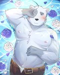 anthro blue_eyes blush bottomwear clothing flower humanoid_hands lying male nipples pants plant slightly_chubby solo underwear water vanyillashark knights_college paul_pfitzner bear mammal polar_bear ursine 2021 absurd_res hi_res