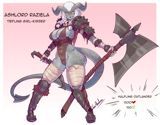 armor biped breasts clothed clothed_female clothed_humanoid clothing female female/female fingers front_view hair horn looking_at_viewer navel simple_background solo standing stripes tail weapon lluisabadias humanoid tiefling 2026 absurd_res digital_drawing_(artwork) digital_media_(artwork) hi_res