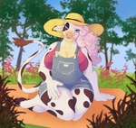 anthro big_breasts breasts cleavage clothed clothing facial_piercing female hat headgear headwear nose_piercing overalls piercing septum_piercing solo kicoffe bovid bovine cattle mammal hi_res