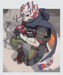 anthro backpack bottomwear camera camo camo_bottomwear camo_clothing camo_print cape clothing fur male pattern_bottomwear pattern_clothing red_eyes red_stripes rubble sitting solo striped_body striped_fur stripes white_body white_fur kzy_r9877 lifewonders live_a_hero kalaski felid mammal pantherine tiger 5:6 hi_res