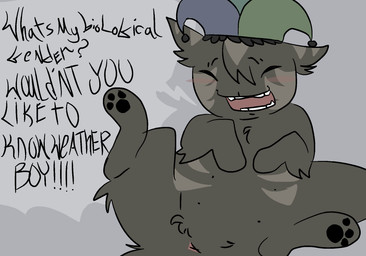 ambiguous_gender anus blush brown_body brown_fur clothing dialogue eyes_closed feral fool's_hat fur hat head_tuft headgear headwear lying multi_nipple nipples null on_back pawpads paws solo speech_bubble spread_legs spreading striped_body striped_ears striped_fur stripes text tuft artienvy mewgenics arthur_(mewgenics) domestic_cat felid feline felis mammal english_text handwritten_text hi_res