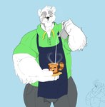 4_fingers anthro apron big_muscles blue_background blush bodily_fluids bottomwear button_(fastener) clothing container cup drooling fingers fur group holding_object inanimate_transformation looking_at_another male mug muscular pants pouring saliva shirt simple_background size_difference standing topwear transformation trio white_body white_fur mc_morrales bear canid canine mammal polar_bear raccoon_dog tanuki ursine 2019 hi_res