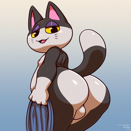 anthro backsack balls big_butt black_body black_fur blue_background butt clothing countershading dipstick_tail fur genitals glistening glistening_body glistening_butt gradient_background holding_clothing holding_object huge_butt looking_at_viewer looking_back looking_back_at_viewer looking_down looking_down_at_viewer low-angle_view male markings multicolored_body multicolored_fur multicolored_tail narrowed_eyes nipples nude open_mouth open_smile pink_inner_ear pink_nipples rear_view simple_background slightly_chubby smile solo tail tail_markings text thick_thighs two_tone_body two_tone_fur white_body white_countershading white_fur yellow_sclera frumples animal_crossing nintendo patreon punchy_(animal_crossing) domestic_cat felid feline felis mammal 1:1 2020 artist_name dated digital_drawing_(artwork) digital_media_(artwork) hi_res