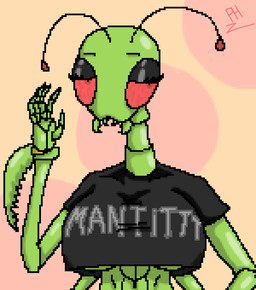 5_fingers antennae_(anatomy) anthro athletic big_breasts breasts claws clothing eyelashes eyeshadow female fingers gesture green_body huge_breasts makeup mandibles red_eyes reflection segmented_body shirt simple_background solo t-shirt text text_on_clothing text_on_shirt text_on_topwear topwear under_boob waving pixelh arthropod insect mantis digital_media_(artwork) pixel_(artwork)