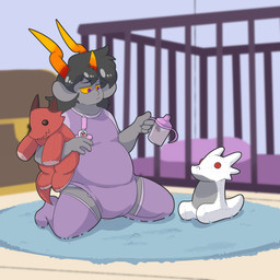 button_(fastener) button_eyes carpet clothed clothing crib diaper diaper_under_clothing diaper_under_onesie goat_ears legwear male onesie pacifier pacifier_clip plushie slightly_chubby slightly_chubby_male solo thigh_highs treasure_chest wearing_diaper cheetoeater conditional_dnp homestuck ms_paint_adventures mythology pyralspite zaptie_(cheetoeater) alien dragon humanoid mythological_creature mythological_scalie scalie troll_(homestuck) 1:1 absurd_res hi_res