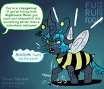 bee_costume clothing costume dialogue holidays text young furufoo friendship_is_magic halloween hasbro my_little_pony changeling_anon_filly queen_chrysalis_(mlp) arthropod bee changeling hymenopteran insect english_text