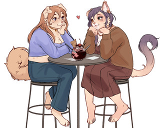 anthro arm_support barefoot blue_bottomwear blue_clothing blue_eyes blue_pants bottomwear breasts brown_clothing brown_dress cheek_tuft cherry claws cleavage clothed clothing cutlery dating dessert dress duo ear_piercing eyebrows eyelashes facial_tuft feet female female/female folded_ears food fruit fully_clothed fur furniture hair heart_symbol heterochromia hindpaw ice_cream industrial_piercing jewelry kitchen_utensils long_hair looking_at_another looking_at_partner love necklace pants paws piercing plant purple_clothing purple_eyes purple_topwear romantic romantic_couple simple_background slightly_chubby slightly_chubby_anthro slightly_chubby_female spoon stool sweater table tail toe_claws tools topwear tuft waffle_cone white_background yellow_eyes boobychev alyx_(alyxalyx) sammy_(bodegacat) canid canine canis domestic_cat domestic_dog felid feline felis mammal 2024 digital_media_(artwork) hi_res shaded signature