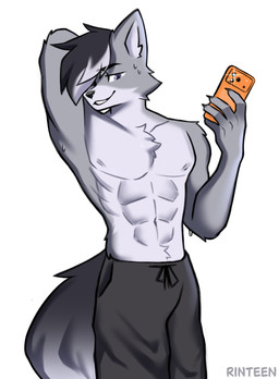 abs anthro bottomwear clothing exercise fur grey_body grey_fur gym male pants selfie solo workout rinteen canid canine canis mammal wolf absurd_res hi_res
