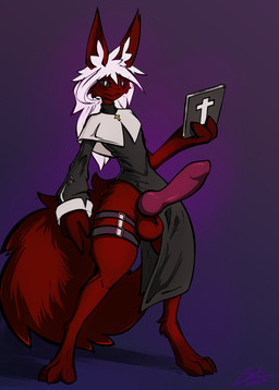animal_genitalia animal_penis anthro balls big_balls big_penis black_sclera bottomless bottomless_male canine_genitalia canine_penis clothed clothing cross erection femboy fluffy fluffy_tail fur genitals grin hair highlights_(coloring) huge_penis knot long_ears long_hair looking_at_viewer male markings penis pink_highlights priest red_body red_fur slim smile solo standing tail thick_thighs white_hair conditional_dnp lodi_(artist) lodi_(character) demon absurd_res hi_res