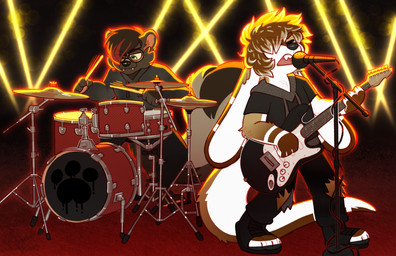 anthro black_bottomwear black_clothing black_nose black_pants bottomwear brown_body brown_fur brown_hair clothed clothing drum drum_set drumming drumstick_(musical) duo electric_guitar electronics eyes_closed eyewear fangs floppy_ears fur glasses green_eyes grey_body grey_clothing grey_fur grey_hoodie grey_topwear guitar hair hair_over_eye highlights_(coloring) holding_drumstick holding_guitar holding_musical_instrument holding_object hoodie lop_ears male microphone musical_instrument open_mouth pants percussion_instrument pink_tongue playing_guitar playing_music plucked_string_instrument red_highlights round_glasses short_hair singing sitting standing string_instrument tail teeth tongue topwear torn_bottomwear torn_clothing torn_pants wearing_glasses white_body white_fur crownedvictory wix_(skunkwix) lagomorph leporid mammal mephitid mustelid otter rabbit skunk striped_skunk 2025 absurd_res digital_drawing_(artwork) digital_media_(artwork) hi_res