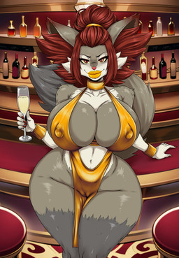 alcohol anthro bar bar_counter beverage big_breasts big_butt bottle breasts butt camel_toe cleavage clothed clothing clothing_tight container counter cuff_(restraint) curvy_figure female female_anthro fur glistening glistening_clothing gold_cuffs grey_body grey_fur hair hair_bun huge_breasts inside leotard metal_cuffs red_eyes red_hair restraints solo thick_thighs voluptuous wedgie white_body white_fur wide_hips yellow_clothing yellow_leotard yellow_sclera ai_assisted ai_generated_background yinsalgurth fakemon golden_week nintendo pokemon catherine_firewood_(ms) canid canine delphox fox generation_6_pokemon mammal paradox_delphox paradox_pokemon pokemon_(species) absurd_res hi_res