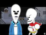 anterior_nasal_aperture bone clothing cosplay duo humor looking_at_viewer male not_furry scarf skeleton skull smile snow text winter 50percentgrey beavis_and_butt-head undertale undertale_(series) papyrus_(undertale) sans_(undertale) animated_skeleton humanoid undead 2016 comic_sans crossover digital_media_(artwork) english_text lol_comments signature