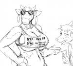 anthro bel_group big_breasts black_and_white bodily_fluids bovid bovine breasts canid canine cattle clothing duo ear_piercing english_text eyewear female glasses hladilnik horn male mammal mascot money monochrome nipple_outline piercing prostitution shirt sweat text the_laughing_cow tongue tongue_out topwear