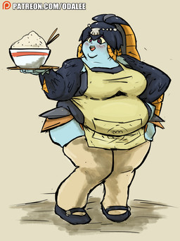 apron belly big_belly big_breasts big_butt blue_body blue_scales blush bowl breasts butt butt_from_the_front chopsticks chubby_cheeks circlet clothed clothing container double_chin fat_arms fat_face female fin fin_hair food footwear hair hand_on_hip holding_platter legwear mary_janes neck_rolls obese obese_female obese_humanoid overweight overweight_female overweight_humanoid platter ponytail pseudo_hair rice rice_bowl scales seashell shell shoes simple_background solo tan_background text thigh_highs topwear waiter oda-lee skullgirls minette animal_humanoid aquatic aquatic_humanoid dagonian fish fish_humanoid humanoid 2020 absurd_res digital_drawing_(artwork) digital_media_(artwork) full-length_portrait hi_res portrait url