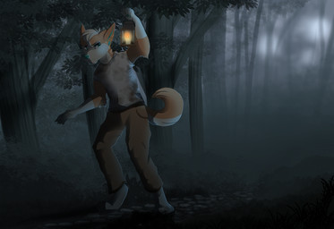 4_toes 5_fingers anthro barefoot biped blue_nose clothed clothing detailed_background digitigrade feet fingers forest fur grass green_eyes hair lamp lantern male night outside plant solo standing tan_body tan_fur toes tree white_hair kitchiki canid canine canis domestic_dog mammal hi_res