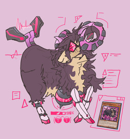 4_eyes big_breasts breasts busty_feral card cybernetics female feral machine male multi_eye plug sitting solo text trading_card_game usb_cable woodhouse3d yu-gi-oh! bovid caprine cyberse cyborg digital_creature goat mammal robot sheep absurd_res english_text hi_res